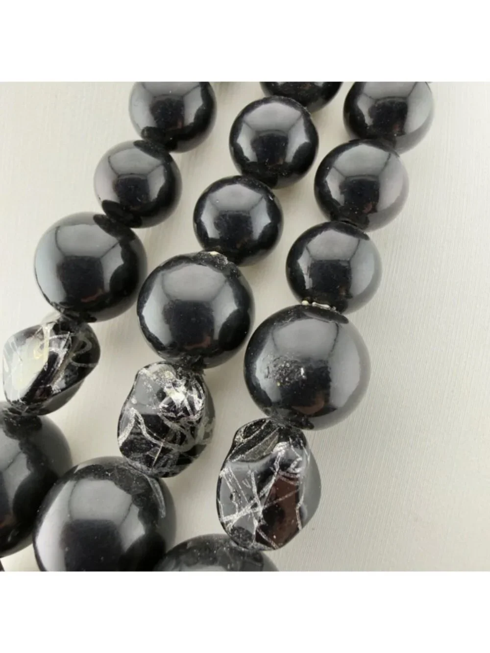 Vintage Beaded Statement Necklace Black Silver Acrylic Multi Strand